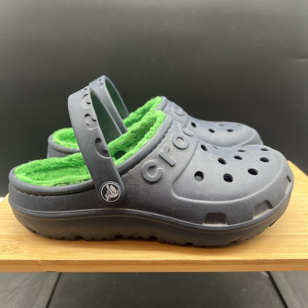 Crocs Hilo Lined Clogs Sandals Kids Size C13 Navy Blue Green Comfort Casual